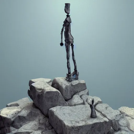 Image similar to scaffolding sculpture made with rock, wood, steel and metal, macro details, photorealistic, cinematic light, 3 d rendering, higly detailed, minimalist, made with unreal engine, cgsociety, by yves tanguy, by nate boyce, by david smith