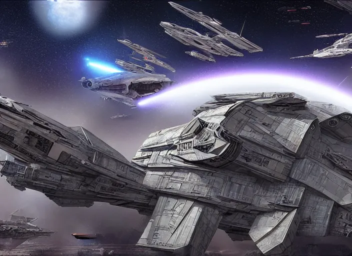 Prompt: a large spaceship seen from the surface of a busy metropolis, star wars digital art