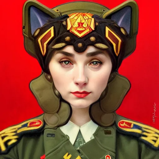 Image similar to a portrait of a female cat soviet officer, upper half portrait, decorated with soviet motifs, intricate, elegant, highly detailed, symmetry, headpiece, digital painting, artstation concept art smooth sharp focus, illustration, art by artgerm and greg rutkowski alphonse mucha 8 k