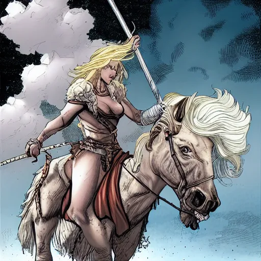 Image similar to an albino viking woman riding a war horse by Humberto Ramos and Mark Robinson,