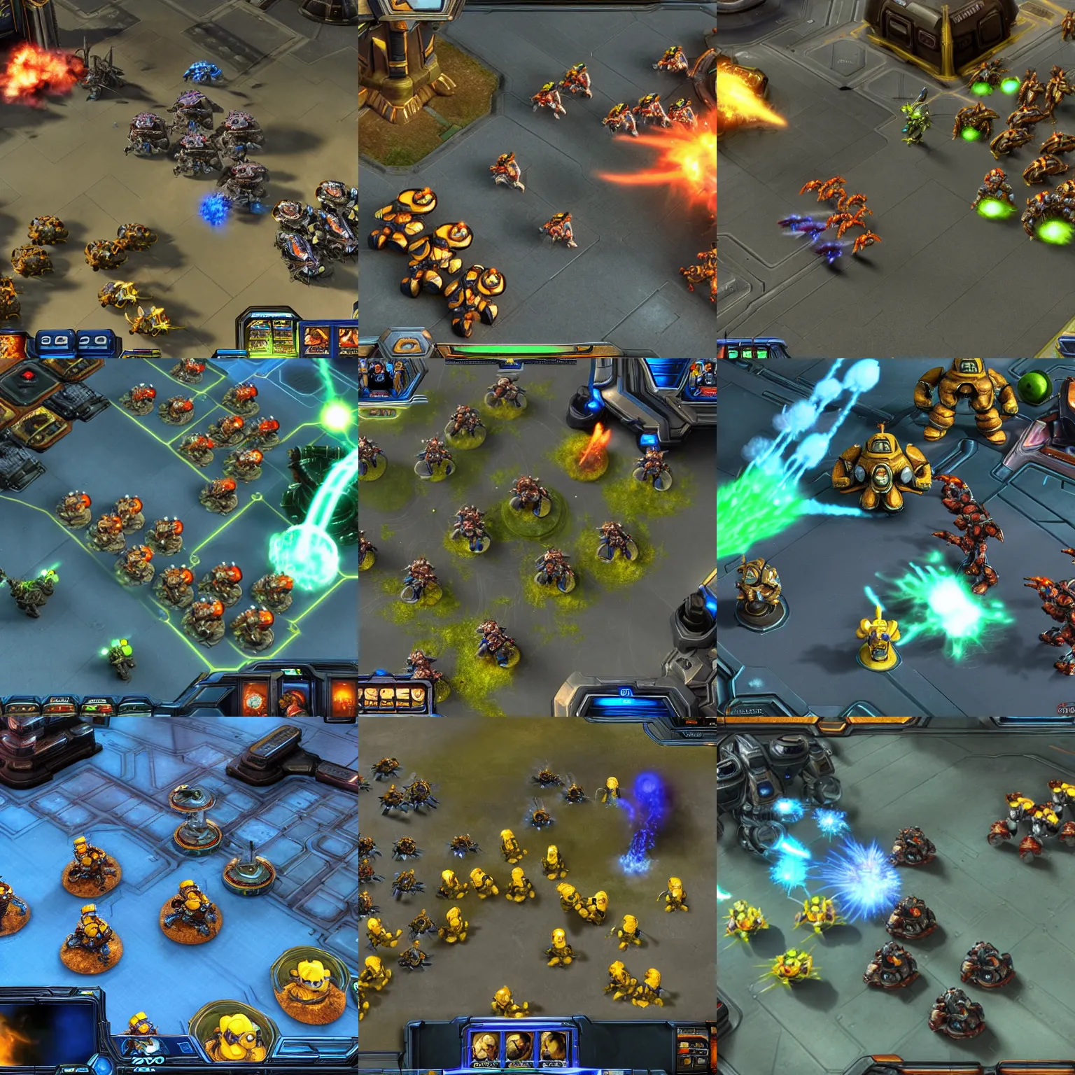 Prompt: starcraft 2 screenshot with homer simpson units attacking zerglings