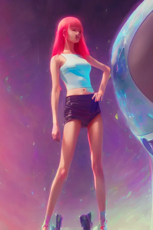 Prompt: digital art of a beautiful girl wearing a neon mini skirt in a futuristic spaceship, expressive oil painting, by wlop, by artgerm, by makoto shinkai, anime style, octane render, full body shot