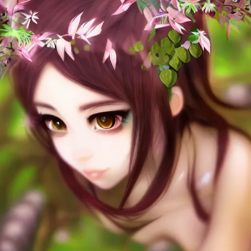 Image similar to a stunning forest dryad neko girl with feminine figure and beautiful eyes