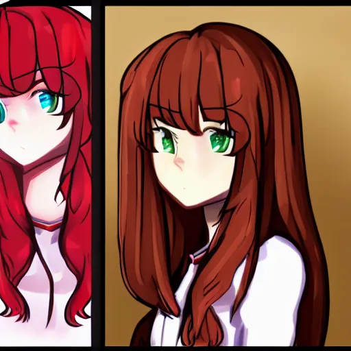 Prompt: visual novel front - facing character sprite of a red - haired teen