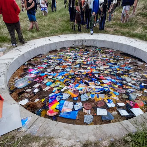 Prompt: a pile of art at the bottom of a deep hole, people lined up to drop their art into the hole