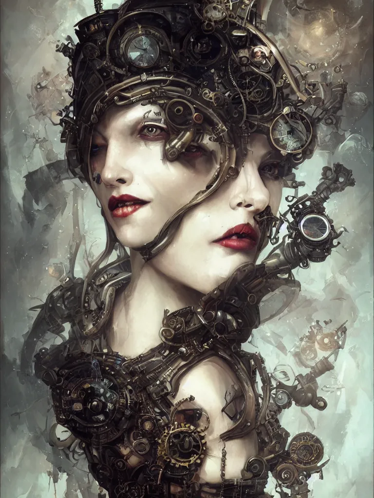 Image similar to a steampunk portrait of a hideous woman with shadowy eyes and bonewhite hair, with black glossy lips, hyperrealistic, award-winning, masterpiece, in the style of Tom Bagshaw, Cedric Peyravernay, Peter Mohrbacher