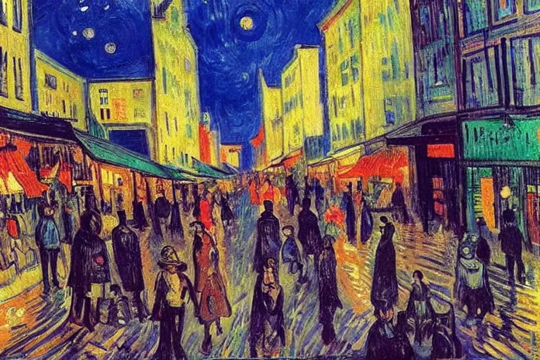 Image similar to dream festival in a city, low angle view from a city street lined with shops and apartments, glowing street signs, revelers playing games and shopping at a night market, oil painting by edvard munch, van gogh