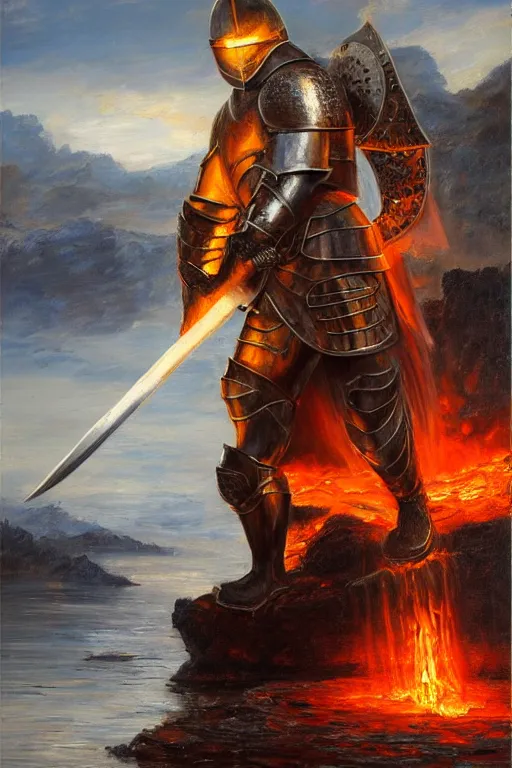 Prompt: knight in armor drawing a sword from a lava lake. by Bryce Cameron Liston, hyperrealistic oil painting, 4k, studio lightning