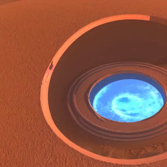 Image similar to wide shot a circular portal opened in an empty field showing an astronaut on the surface of mars on the other side. hyper realistic, 4 k