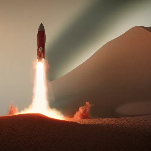 Image similar to a rocket blasting off into space, octane render, highly detailed, highly intricate, sense of scale and awe, highly detailed fire, smoke, ue 5, hyper - realistic, desert