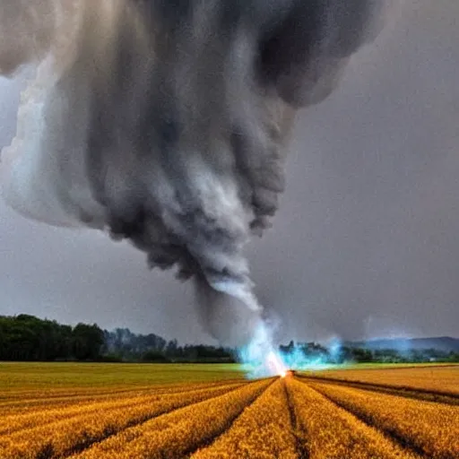 Prompt: a tornado make of flames in a field