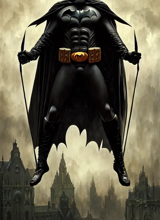 Image similar to majestic gothic batman black armored sinister man noir movie poster, art style by edmund leighton, tom bagshaw, alphonse mucha, exquisite digital art, haunting, masterpiece, organic painting, photorealistic, ornate and hyper detailed