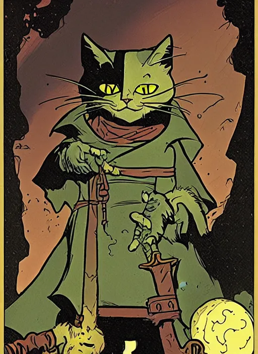 Image similar to highly detailed, wizard cat with a dungeon background by mike mignola