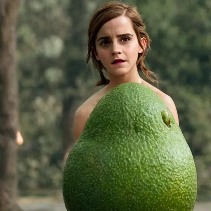 Image similar to emma watson as a live action avocado, movie still, 8 k