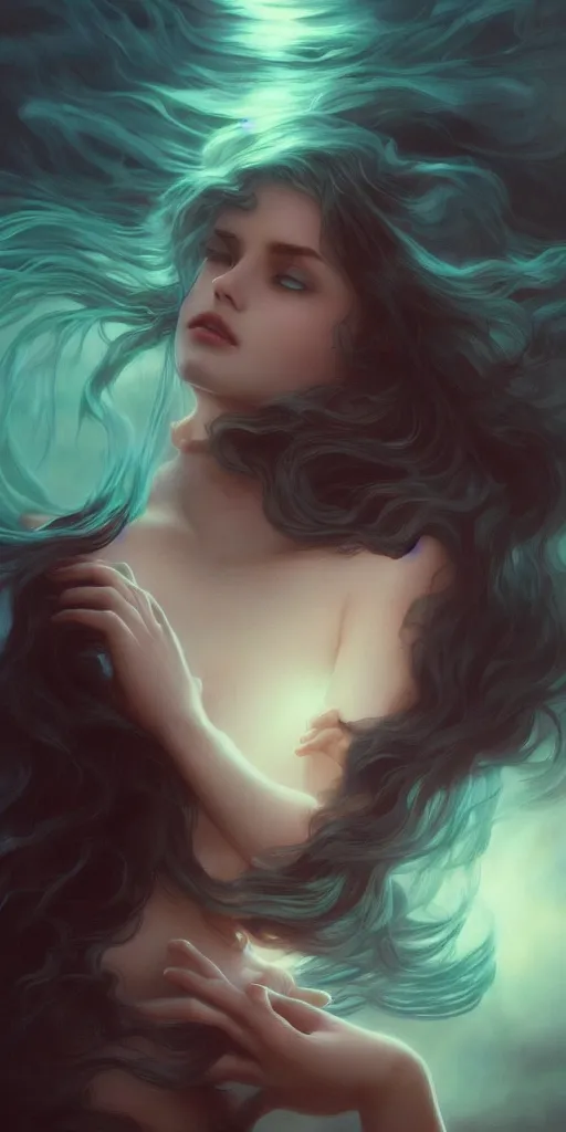 Image similar to haunting beautiful young woman, detailed photo realistic gorgeous face turning waves, dark, ominous, sad eyes, glowing hue of teal, vaporwave aesthetic, synthwave , digital painting, artstation, concept art, smooth, sharp focus, illustration, art by artgerm and greg rutkowski and alphonse mucha