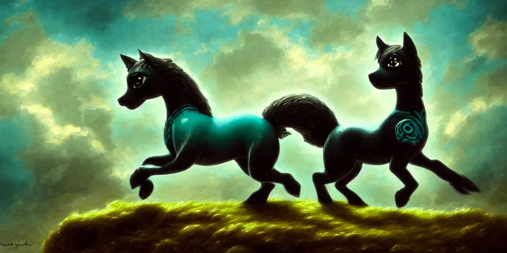 Prompt: 3 d littlest pet shop horse, gothic antique theme, teal, shadow, clouds, dullahan, celtic, intricate, master painter and art style of noel coypel, art of emile eisman - semenowsky, art of edouard bisson