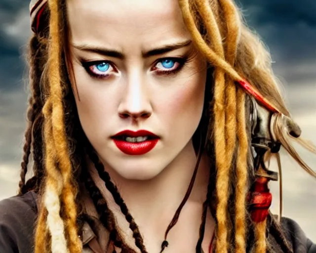 Image similar to a beautiful blend of amber heard and captain jack sparrow, hyper realistic face, beautiful eyes, cinematic, long shot, hyper detailed, 8 5 mm photograph, 8 k resolution, film still, sharp lens, wide lens
