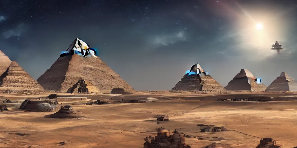 Image similar to a beautiful view of a spaceport at the pyramids, matte painting, cinematic lighting, hyper - detailed, 4 k, scifi