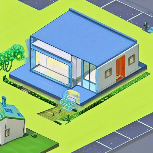 Prompt: isometric view of a moden retro futuristic home by Chiho Aoshima