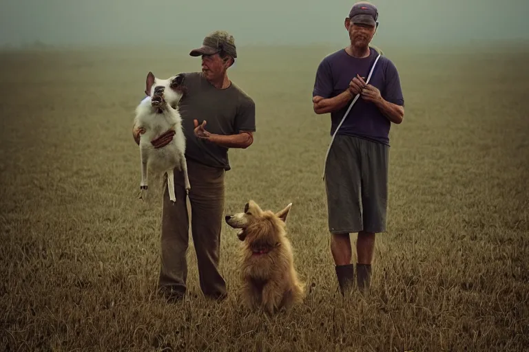 Image similar to a cinematic headshot portrait of a farmer and his dog, working out in the field, movie still, shallow depth of field, muted colors, by krenz cushart