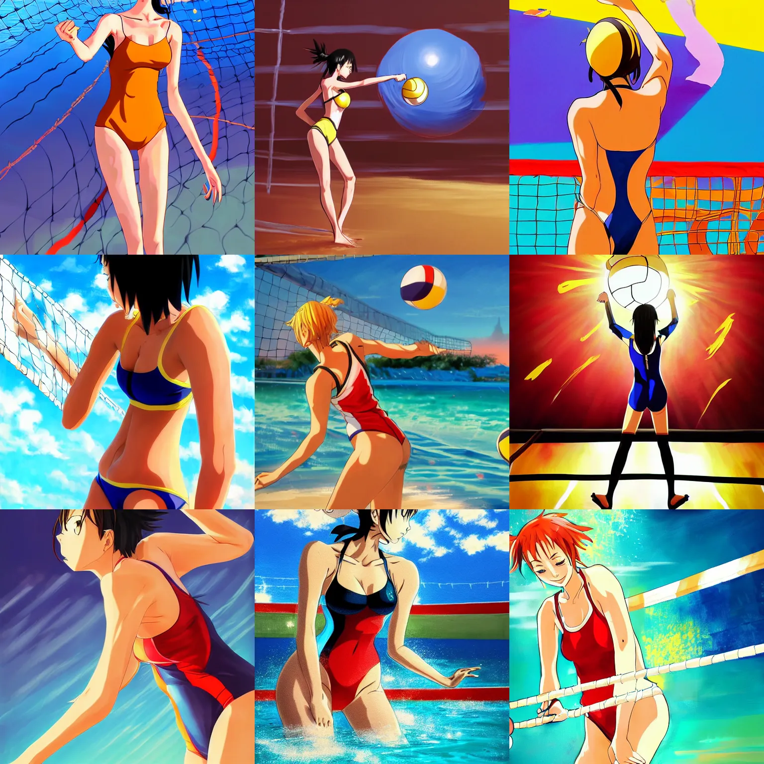 Prompt: anime style, vivid, expressive, full body, 4 k, painting, woman in full one piece bathing suit playing volley ball, stunning, realistic light and shadow effects, centered, simple background, studio ghibly makoto shinkai yuji yamaguchi