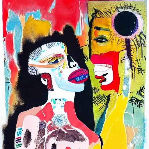 Image similar to watercolor painting of two bizarre psychedelic women kissing in japan in winter, speculative evolution, mixed media collage by basquiat and jackson pollock, maximalist magazine collage art, sapphic art, psychedelic illustration