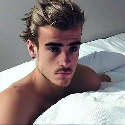 Image similar to “ a realistic detailed photo of a guy who is an attractive humanoid who is half robot and half humanoid, who is a male android, soccer player antoine griezmann, shiny skin, posing like a statue, blank stare, on the bed, on display ”