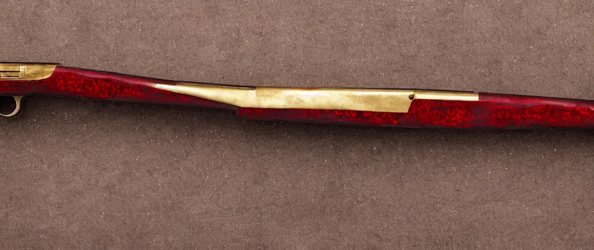 Image similar to a shotgun made from glossy red - painted wood and elements of gold metalwork