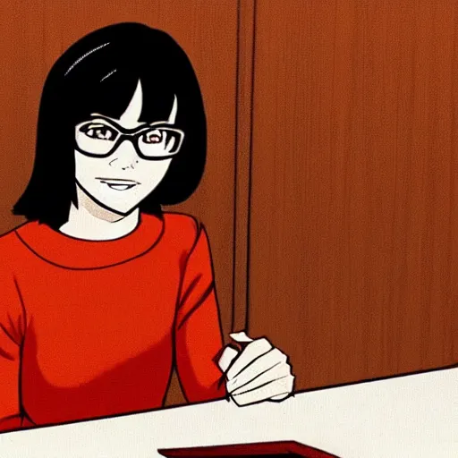 Image similar to Stunning Scene of Velma Dinkley wearing her iconic orange sweater from Scooby Doo in court for falsely accusing someone of being a criminal. Pixiv, artstation