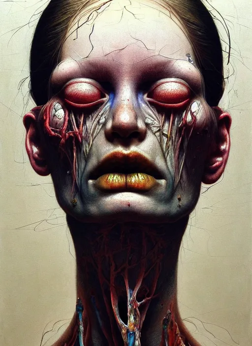 Image similar to there is ugliness in beauty, but there is also beauty in ugliness detailed portrait painting inspired by beksinski and alex gray, accurate anatomy, vintage, by jenny saville, edward hopper trending on artstation. 8 k