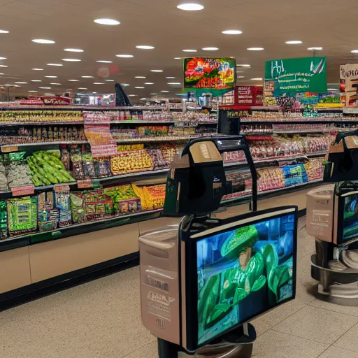 Image similar to grocery store checkout lane combined with television for people to watch. photography. 4 k. realistic.