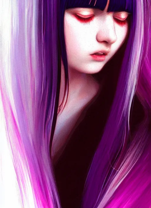 Image similar to hair whitebangs hair, black hair, whitebangs, portrait of teenage girl with white bangs, red irises, purple clothes, white bangs, bangs are different color from hair, intricate, elegant, glowing lights, highly detailed, digital painting, artstation, concept art, smooth, sharp focus, illustration, art by wlop, mars ravelo and greg rutkowski