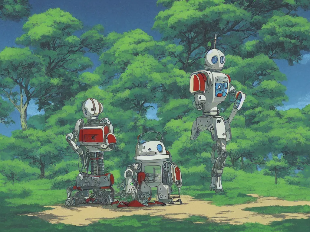 Prompt: painting of a robot sitting under a tree, in the style of Studio Ghibli, by Hayao Miyazaki