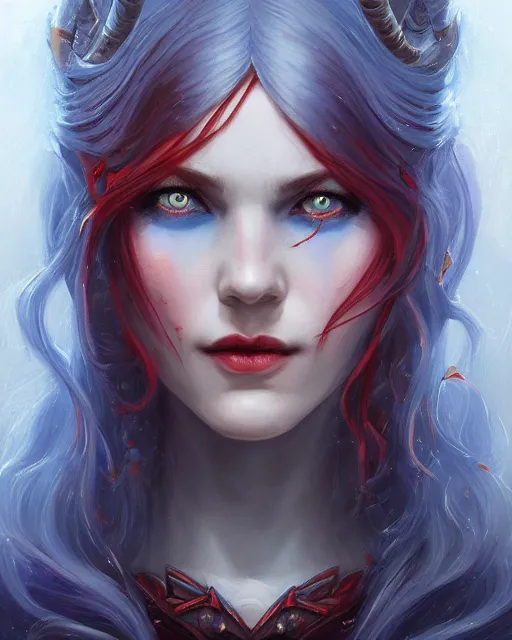 Image similar to A detailed matte oil on canvas head on symmetrical portrait of a beautiful elven woman with a blue eye and a red eye, and red and blue hair by Charlie bowater and lise deharme, trending on artstationhd, dungeons and dragons art critical role