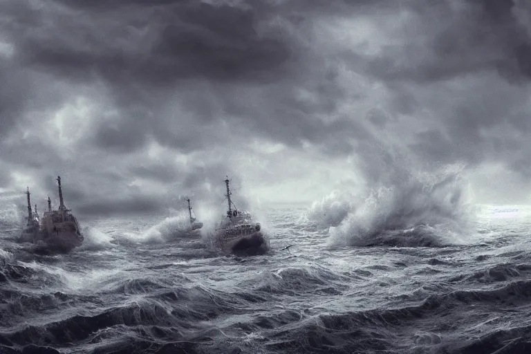 Image similar to merchant ship fleet in a storm, in the style of vernon grant and chris van allsburg, raging stormy sea, trending on artstation, bright tilt - shift camcorder effect, photoshop, retrowave, hyperrealism, octane, sharp focus, masterpiece