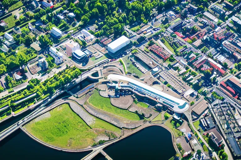 Image similar to bird's eye view photography of a small city. town hall, central farm, monorail station, inlet and shipping dock. hills, woods and pond to the north.