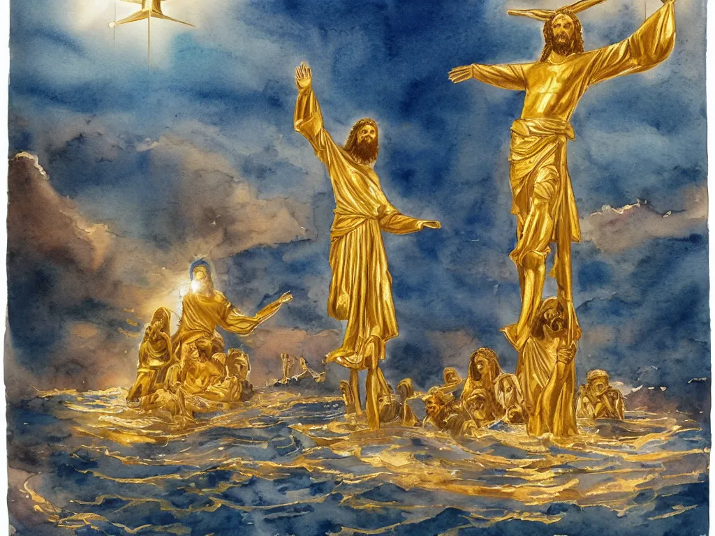 Prompt: a watercolor painting of a golden statue of jesus in the middle of an ocean with a beam illuminating it, detailed