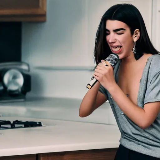 Prompt: Dua Lipa singing a song in the kitchen