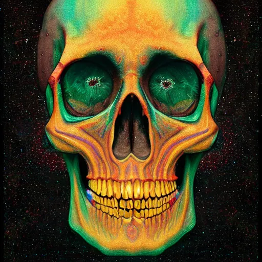 Prompt: An extremely psychedelic portrait of a skull, surreal, LSD, face, detailed, intricate, elegant, lithe, highly detailed, digital painting, artstation, concept art, smooth, sharp focus, illustration