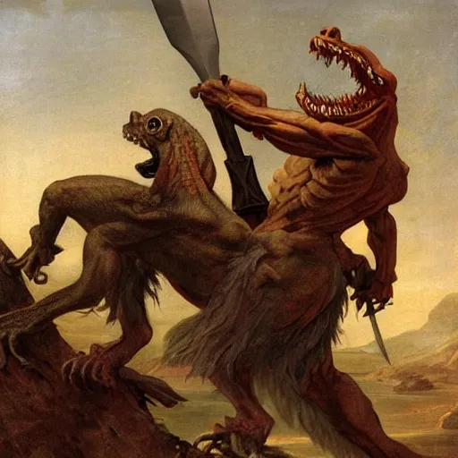 Image similar to dog - faced muscular goblin, ugly face, lizard tail, holding scimitar made of bone, scimitar, sword, jagged sword, curved sword, orkish sword, gray skin, red sky, hyper - detailed, primeval fantasy, prehistoric fantasy, art by jacques - louis david