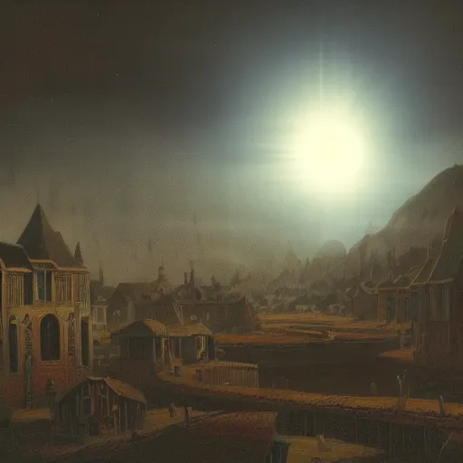 Image similar to dark solar eclipse, above a village, highly detailed, studio 4 k quality, by carl gustav carus