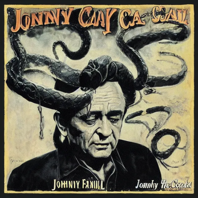 Image similar to album cover for Johnny Cash: The Snake Oil Tapes, album art by Frank Frazetta, snake oil album, snakes