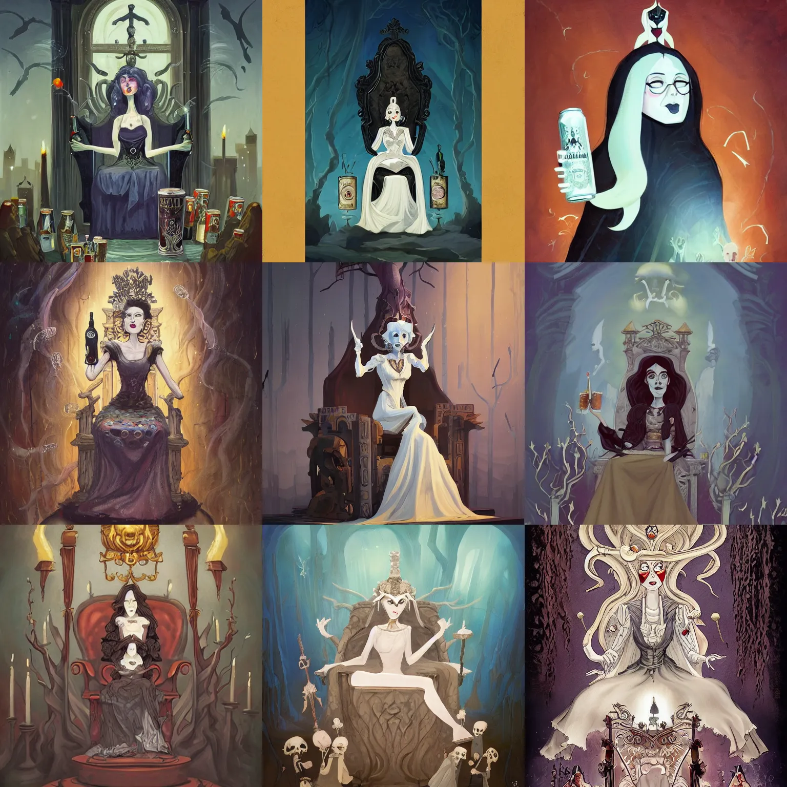 Prompt: the pale lady sits on her throne. the goddess of death holds court for a crowd of ghosts. in her hands is a can of beer. historical painting, artstation trending, by rebecca sugar, victoria ying, cory loftis, trudi castle, lisa adams, and sarah gibbs.