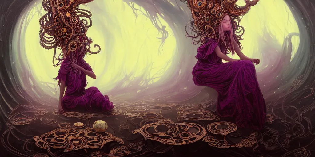 Prompt: wide shot picture of a maximalist dress witch sitting on the floor and researching about the azathoth, extremely beautiful and aesthetic and detailed cute face and eyes, very huge magic circles on hand, with familiar sprites, in the magic room, chiaroscuro, intricate, masterpiece, fantasy illustrations by anato finnstark and jeremy lipking and peter mohrbacher