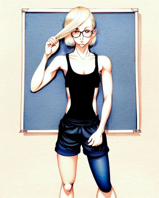 Prompt: young woman with medium length bright blonde hair and pale skin in a black silk tank top and navy blue gym shorts and black-framed glasses, in an old study room, complex artistic color ink pen sketch illustration, subtle detailing, heavenly concept art by Artgerm and Range Murata in collaboration.