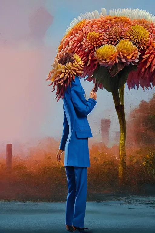 Image similar to closeup giant dahlia flower head, girl in a suit on a street, surreal photography, blue sky, sunrise, dramatic light, impressionist painting, digital painting, artstation, simon stalenhag