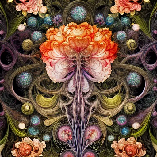 Prompt: an ultra hd detailed painting of many different types of flowers by Android Jones, Earnst Haeckel, James Jean. behance contest winner, generative art, Baroque, intricate patterns, fractalism, movie still, photorealistic