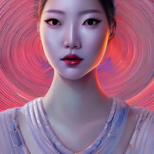 Prompt: close-up portrait of a beautiful Korean Luxurious Goddess wearing an elegant futuristic outfit posing dramatically in the art style of James Jean, rule of thirds, fair complexity, 4k quality