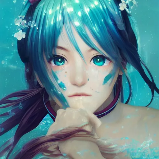 Prompt: clear portrait of anime girl hatsune miku, which is drowned in water, water, light effect, anime style hyper detailed, illustration, bloody, intricate, elegant, digital painting, artstation, smooth, sharp focus, art by artgerm and greg rutkowski and alphonse mucha.