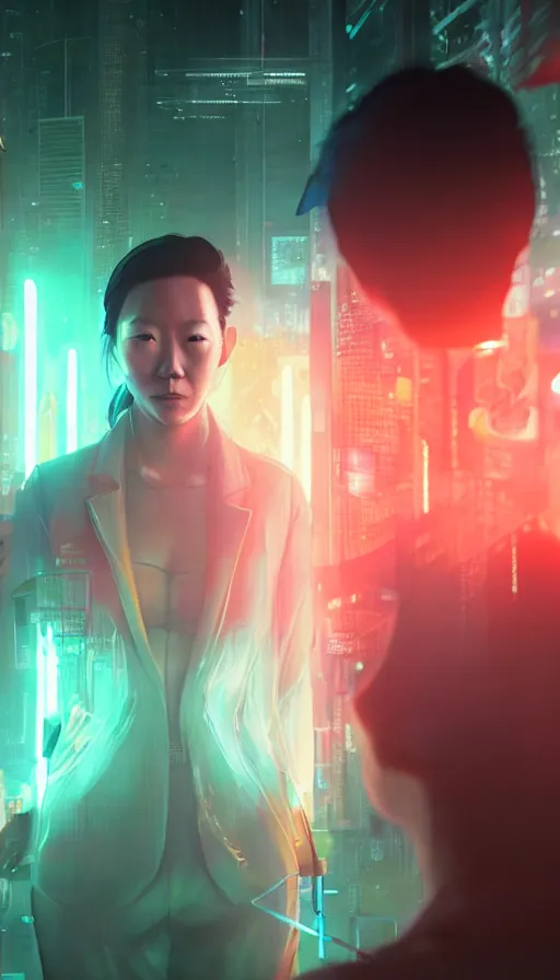 Image similar to olivia cheng, girl, altered carbon, highly detailed surreal neon big in japan vfx portrait of a android, stephen bliss, unreal engine, greg rutkowski, loish, rhads, beeple, makoto shinkai and lois van baarle, ilya kuvshinov, rossdraws, tom bagshaw, global illumination, detailed and intricate environment